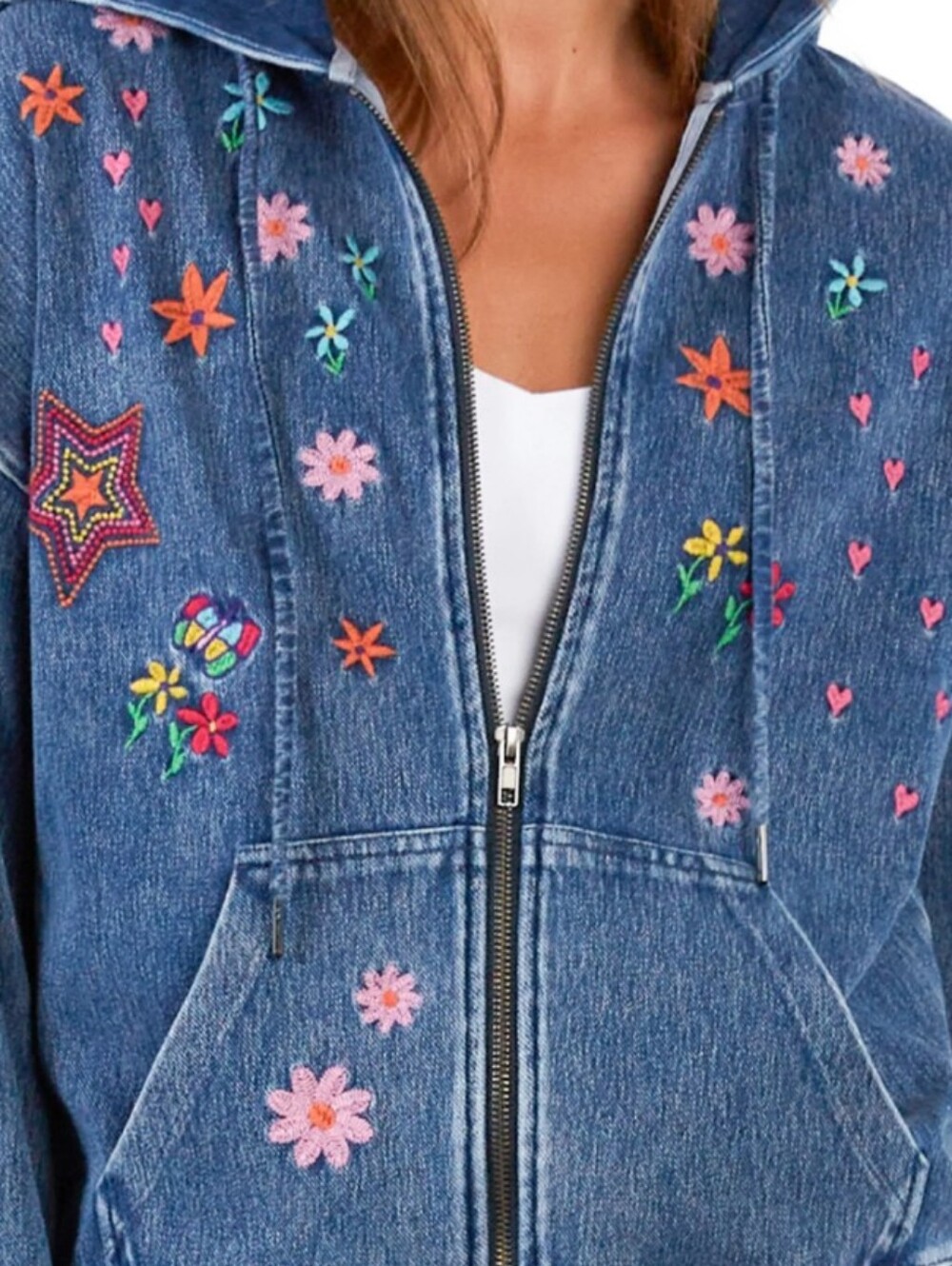 🌸💛Billy T  Embroidered Denim Zip-Up Hoodie Jacket - Picture 6 of 11